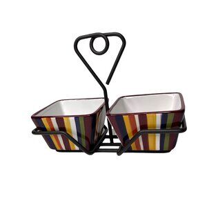 Pampered Chef Simple Additions 3 piece brick red striped condiment dishes + tray